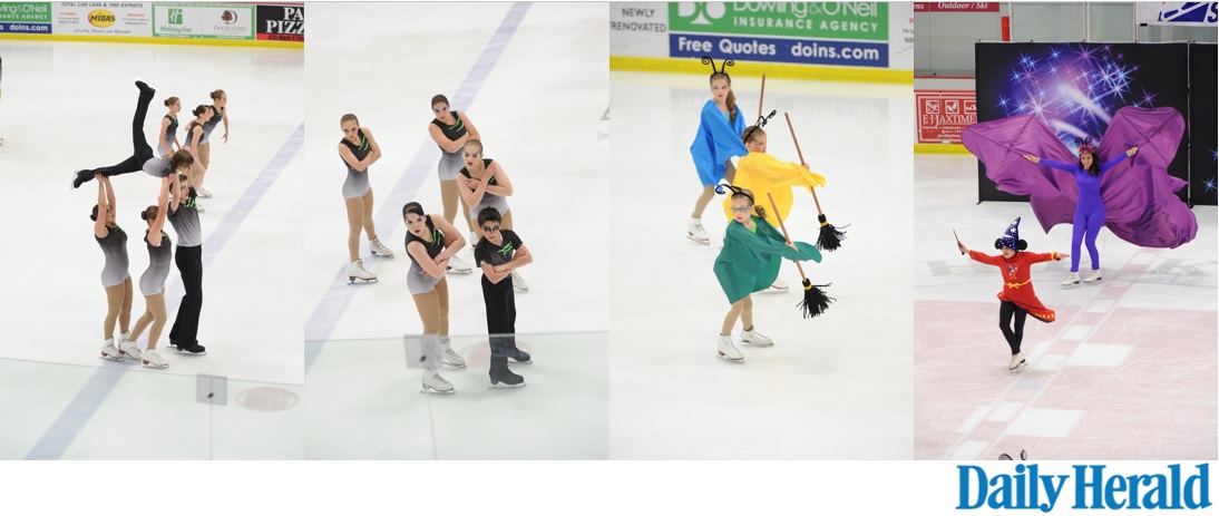 A collage of Creative Ice Theatre pictures.  The First two are from the Senior Team's Swan Lake program and the next two are from the Novice team's Socerer's Apprentice program.